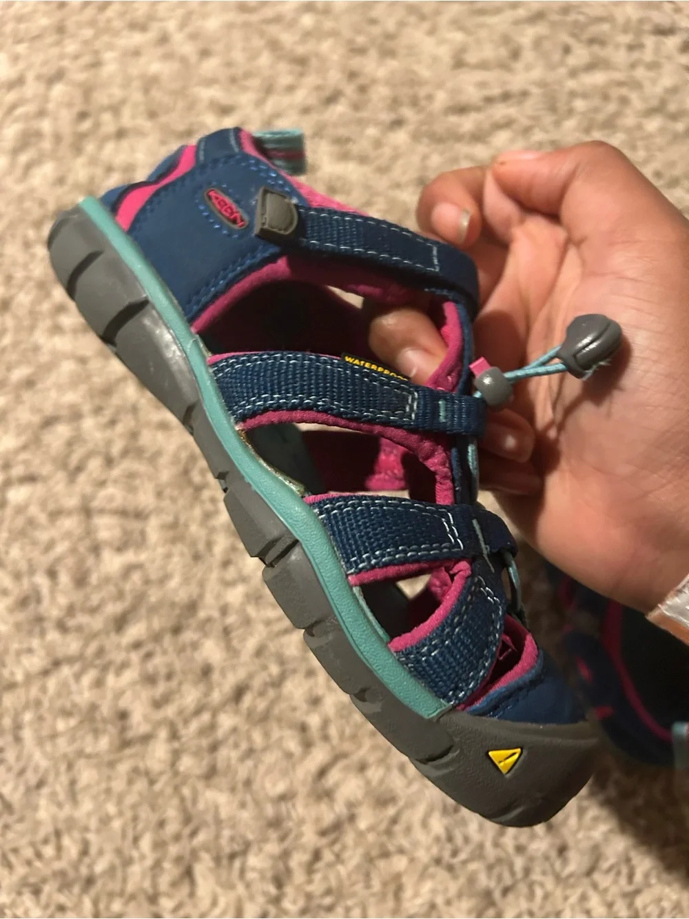 Keen Kids Navy, Pink & Teal Closed-Toe Water Shoes *writing on bottom of shoe*